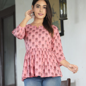 Pure-Cotton Peplum Top in Pink color , Rounded Neck with Slit , 3/4 Sleeves (Ekchhavi)