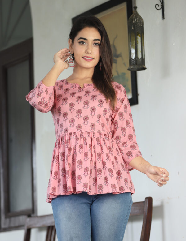 Pure-Cotton Peplum Top in Pink color , Rounded Neck with Slit , 3/4 Sleeves (Ekchhavi)