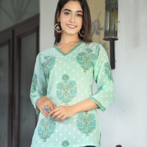 Pure-cotton Short kurti in Butta print , Green color , V-neck (Ekchhavi)