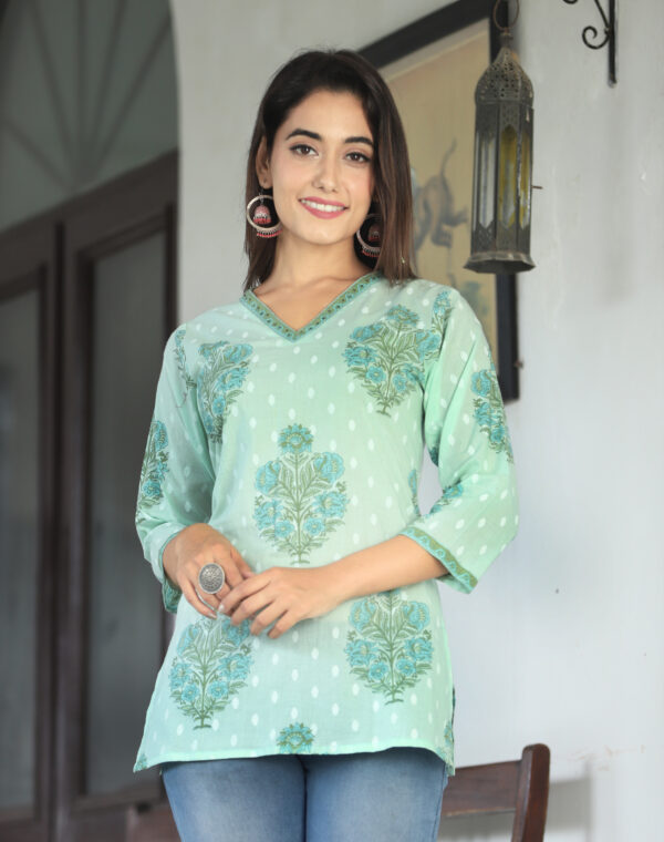 Pure-cotton Short kurti in Butta print , Green color , V-neck (Ekchhavi)