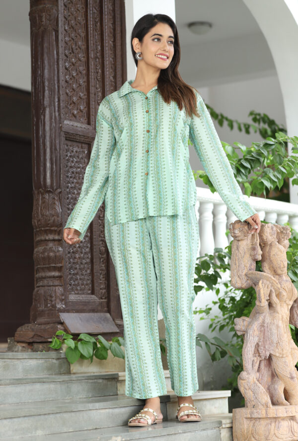 Pure-cotton Co-ord Set in Green color , Collared-neck in Shirt with Pajama (Ekchhavi)