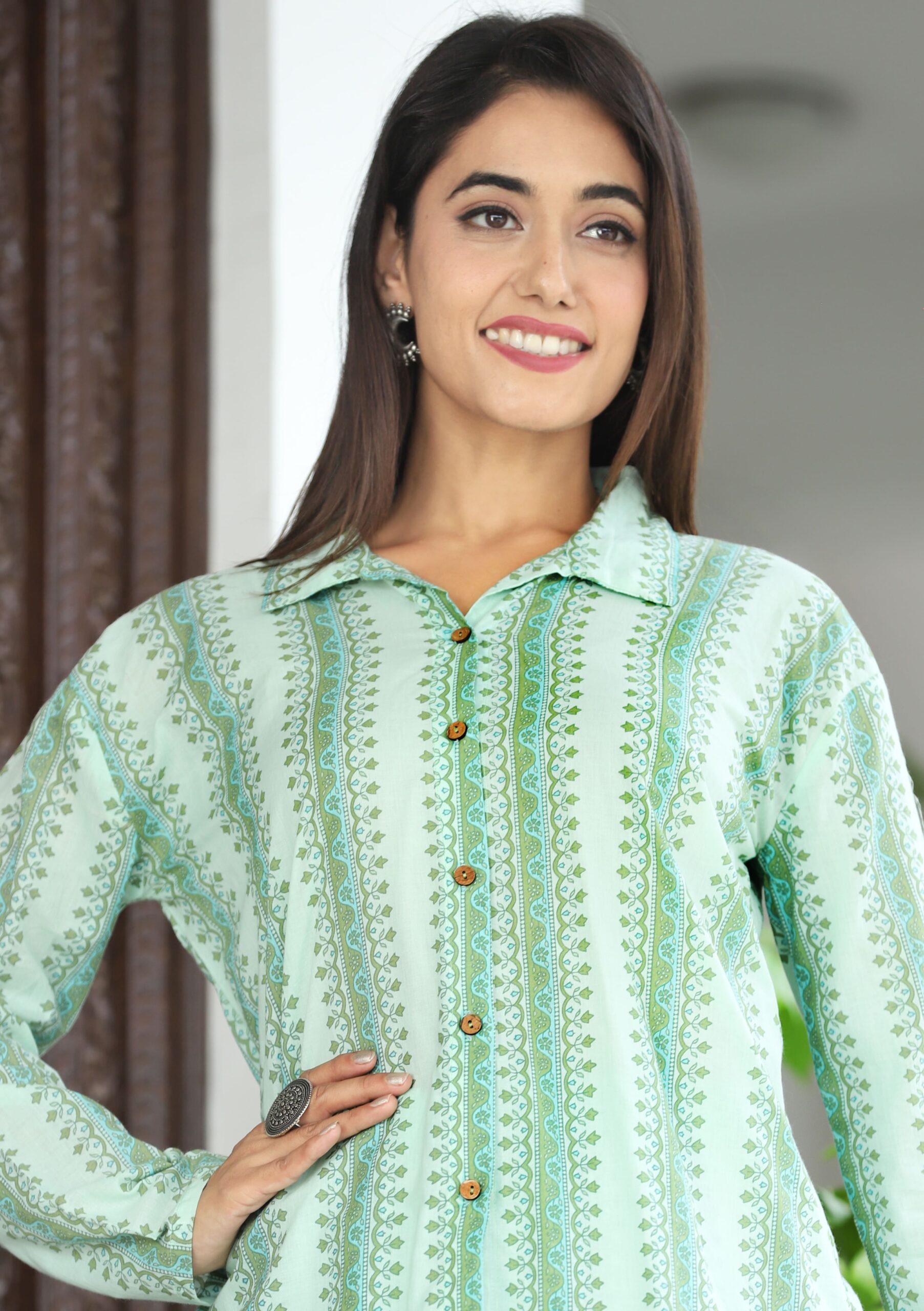 cotton co-ord set ekchhavi collared neckline green pajama